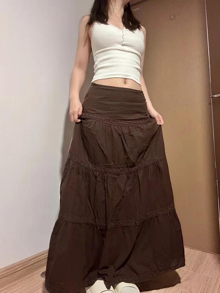 Women Brown Gothic A-line Skirt Vintage Y2k 90s Aesthetic Long Skirt Harajuku Korean Patchwork Skirts 2000s Clothes Summer 2024