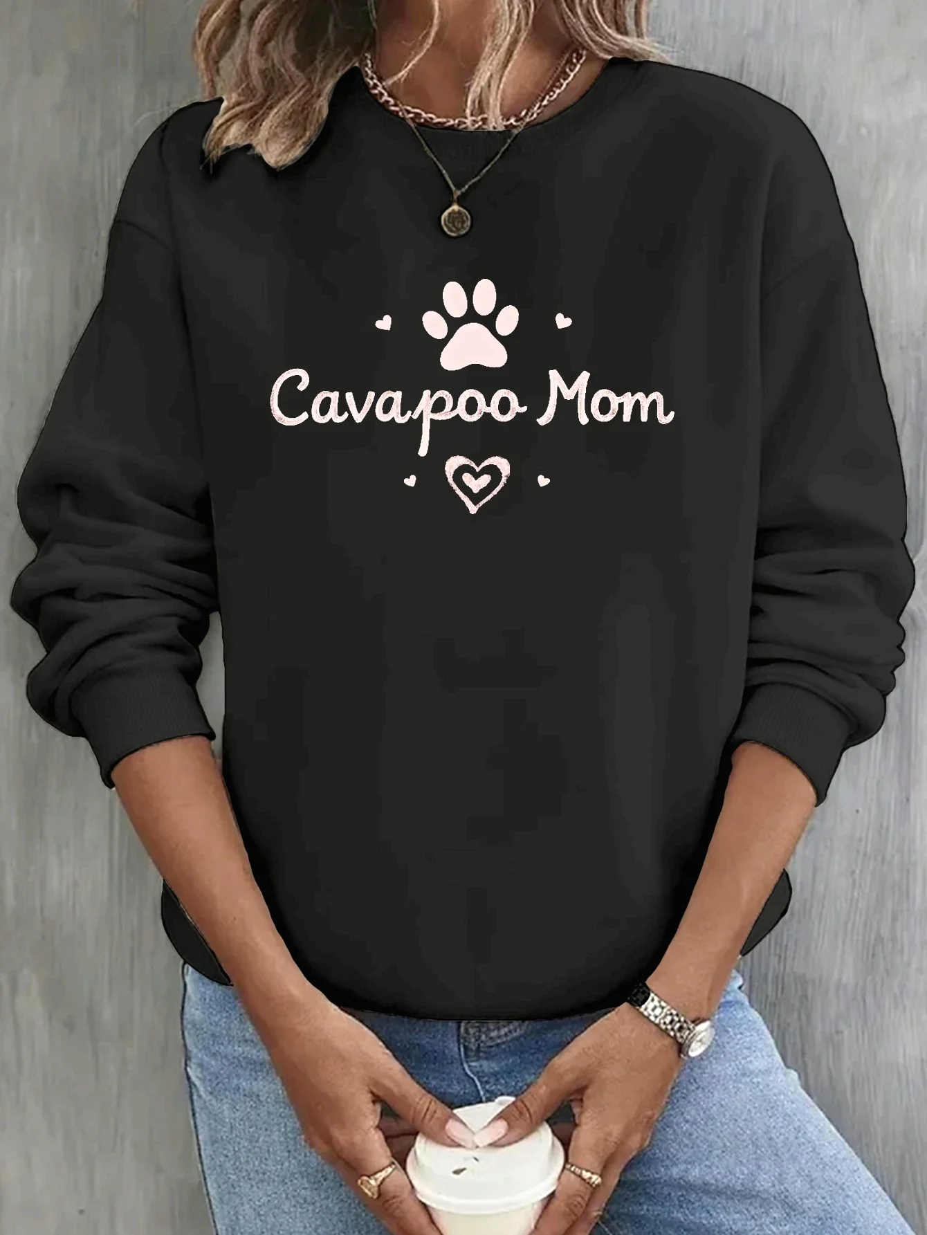 Women's Sweatshirt with Pink Footprint & Heart Design,casual,comfortable Clothing for Autumn and Spring,machine Washable