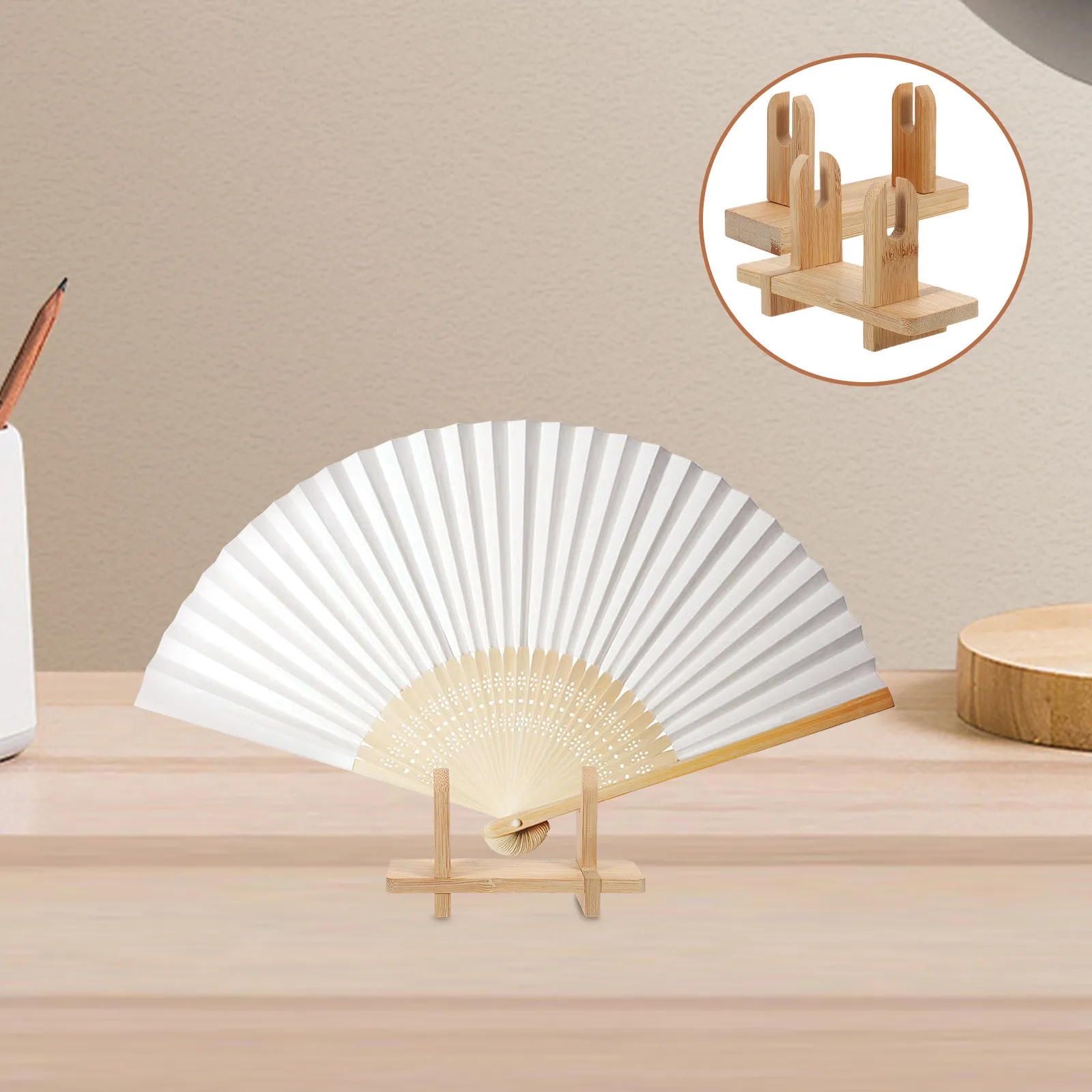 2Pcs Bamboo Japanese Fan Stand Folding Hand Fan Holder Display Easel for Decorative Fans Home Office Ceremony Decor