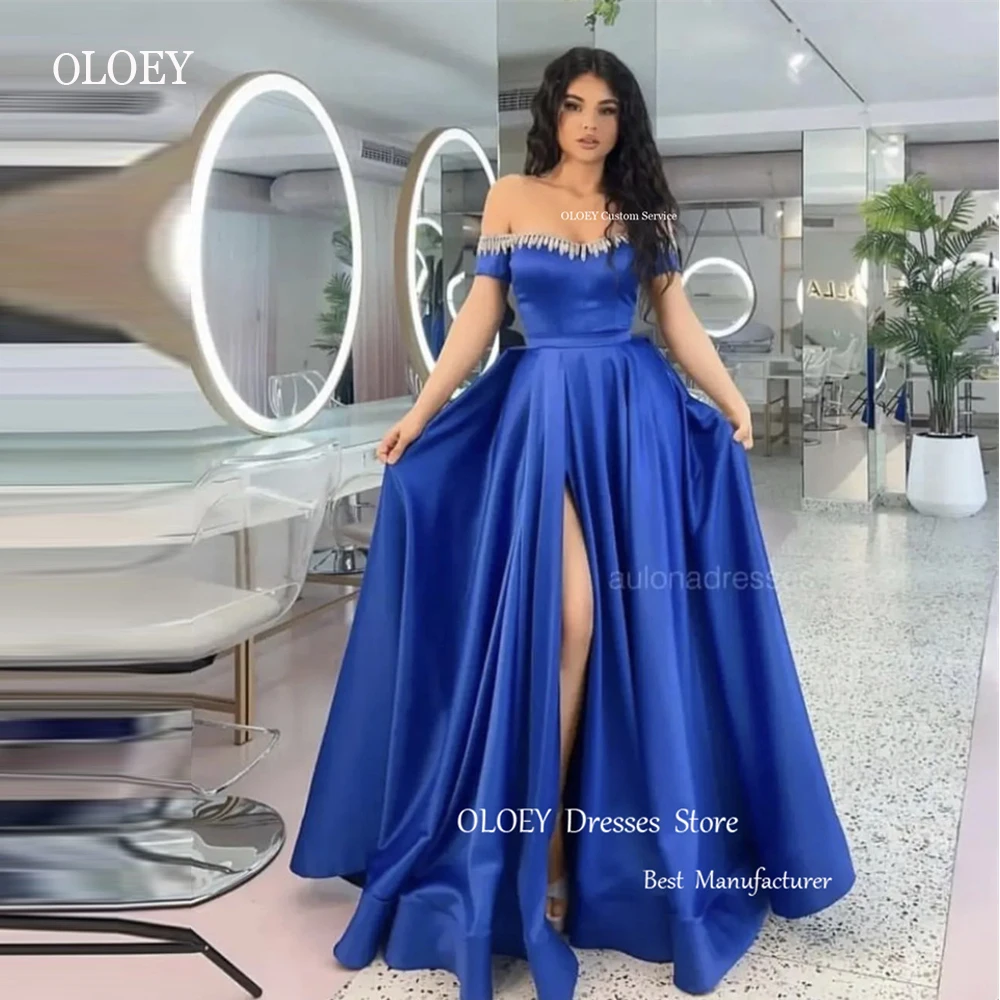 OLOEY-Vestidos de Fiesta azules con hombros descubiertos para mujer, ropa de noche Sexy con cuello de cristal, escote corazón dividido, estilo árabe de Dubái, Formal, largo