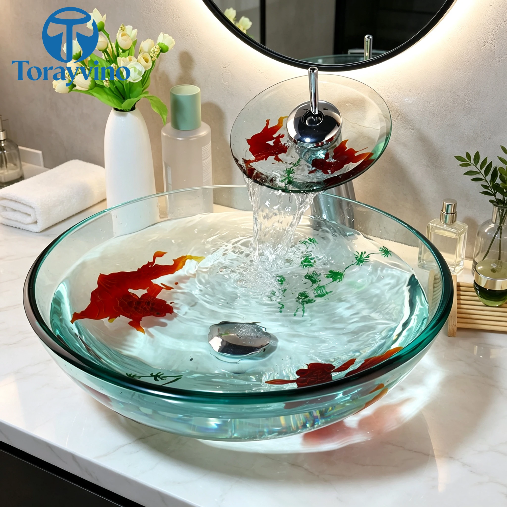 Torayvino Bathroom Round Tempered Glass  Basin Faucet Set Goldfish Vessel Sink Vanity Bowl Waterfall Faucets Pop-up Drain