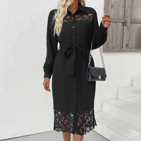 

Elegant Shirt Dress for Women 2025 Autumn New Hot Sale Lace Patchwork Mid-Length Dresses High Waist Long Sleeved Short Skirt