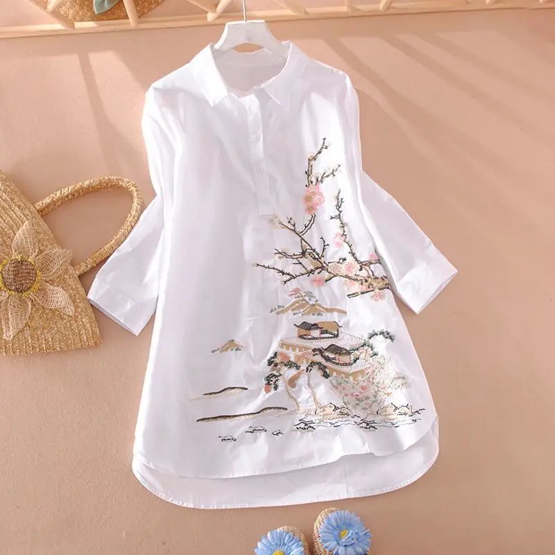 Embroidered Flower Ethnic Style Mid-length Pullover POLO Collar Shirt for Women Spring and Autumn Three-quarter Sleeve Shirt