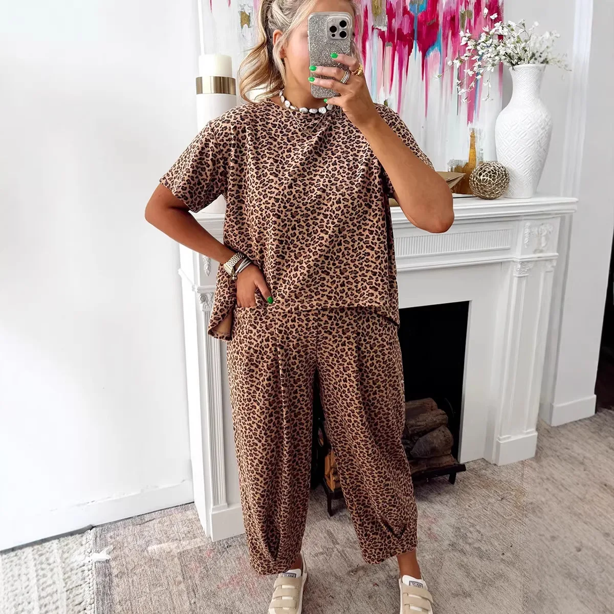 New Loose Leopard Print Two-piece Set for Girl, European  American Fashion Trends Multi-pocket Casual Tracksuit for Women