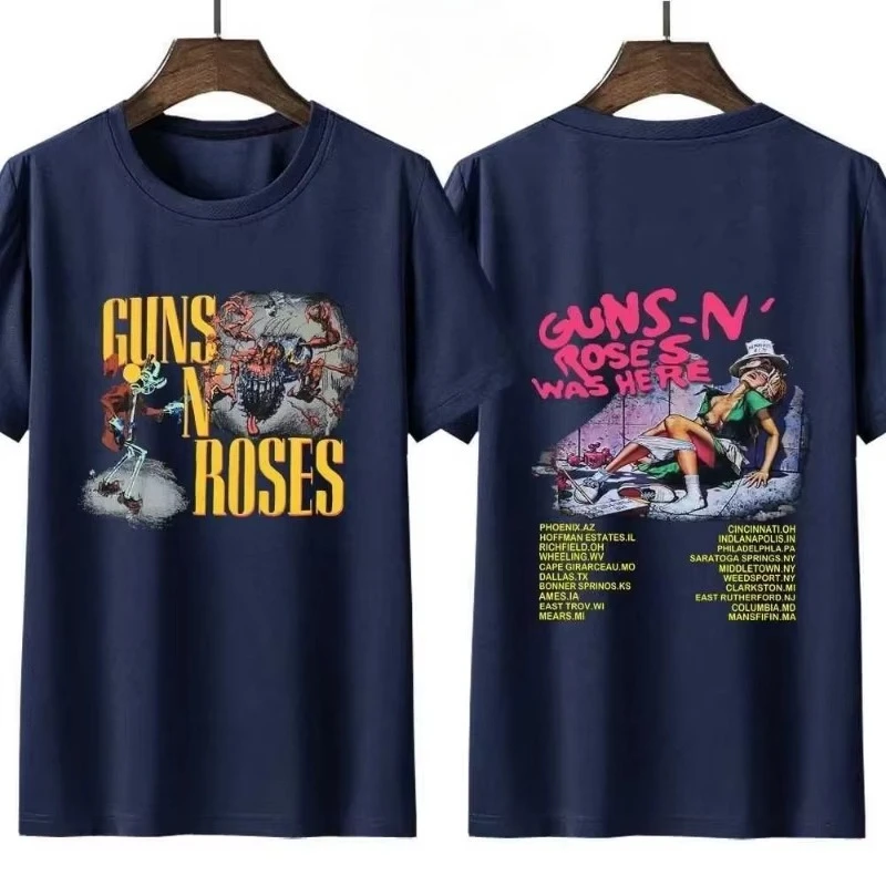 Koszulka 2025 New Retro Gun N' Roses Rock Band Here 1980 Tour Casual Damska Y2K Hip Hop Streetwear Krótki Rękaw