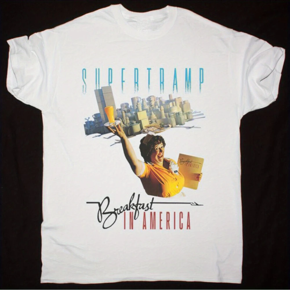 Men's Women's Vintage Supertramp Band T-Shirt Thick Short Sleeve Tee with Breakfast in America Album Print