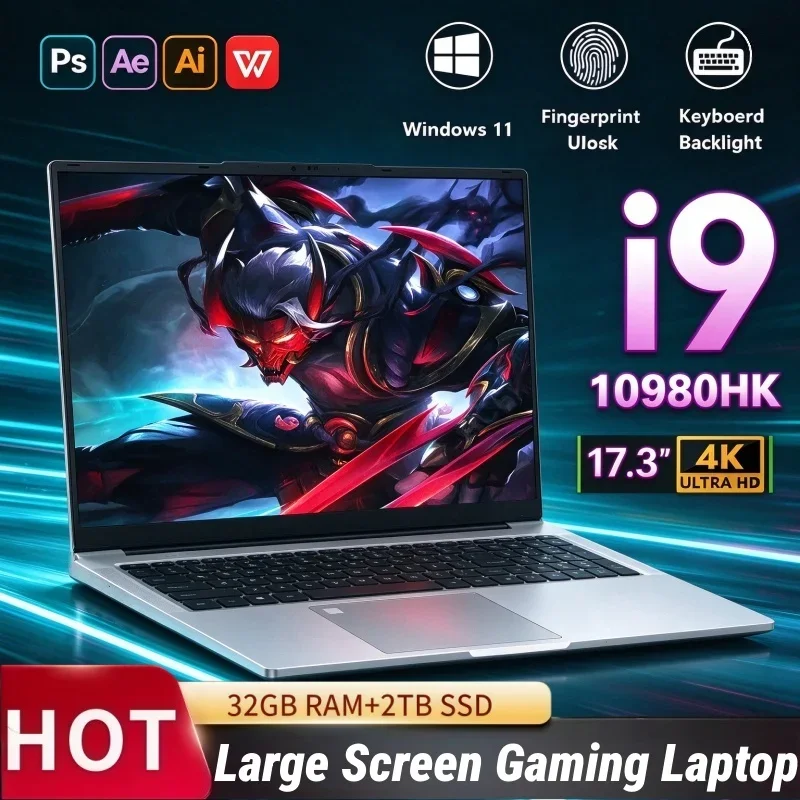 High Performance 17.3 Inch HD Notebook Intel I9-10980HK 32GB RAM 2TB SSD Windows11 WiFi6 BT5.2 Fingerprint Laptop For Daily Work