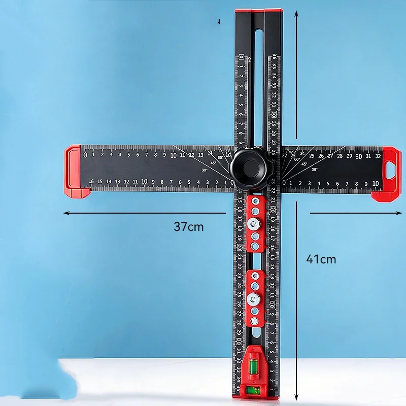 35cm Adjustable T‑Shape Drilling Positioning Ruler, Multifunctional Woodworking Angle Ruler with Level Bubble for Cabinet Drawer
