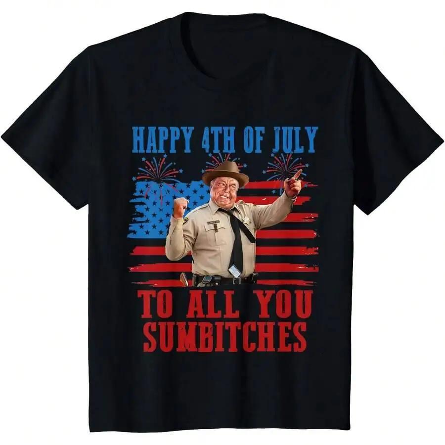 Retro Men Smokey Happy 4Th Of July To All You Sumbitches T-Shirt 100% Cotton Trendy Y2K Short-Sleeve Tee-Soft, Quick-Drying,