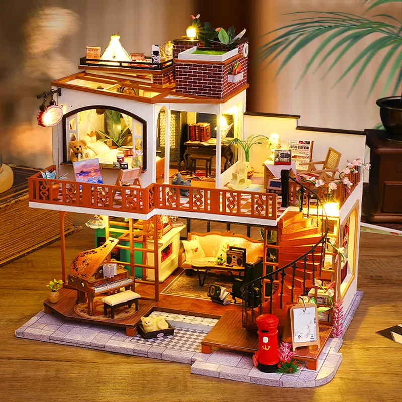 Kits de construção em miniatura de madeira, faça você mesmo, loft moderno, casas de bonecas com luzes de móveis, casas de bonecas para amigos, presentes de aniversário