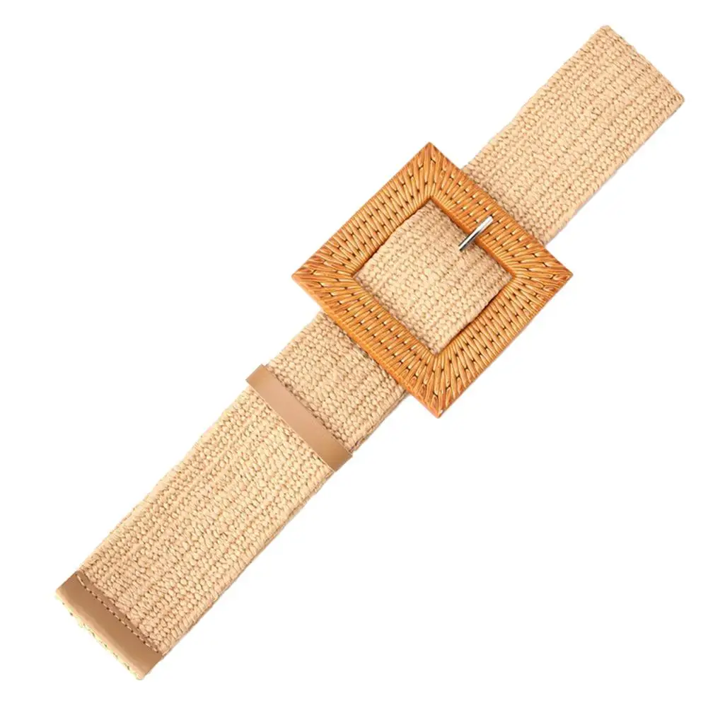 Women Square Wooden Buckle Boho Straw Belt For Daily Decoration Weave Detail Women Belt Girdle For Dress For Summer E1T3