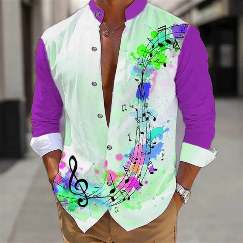 Men\'s shirt long-sleeved fashion cardigan music notes shirt Hawaiian 3D printed shirt XS-6XL super large size shirt comfortable