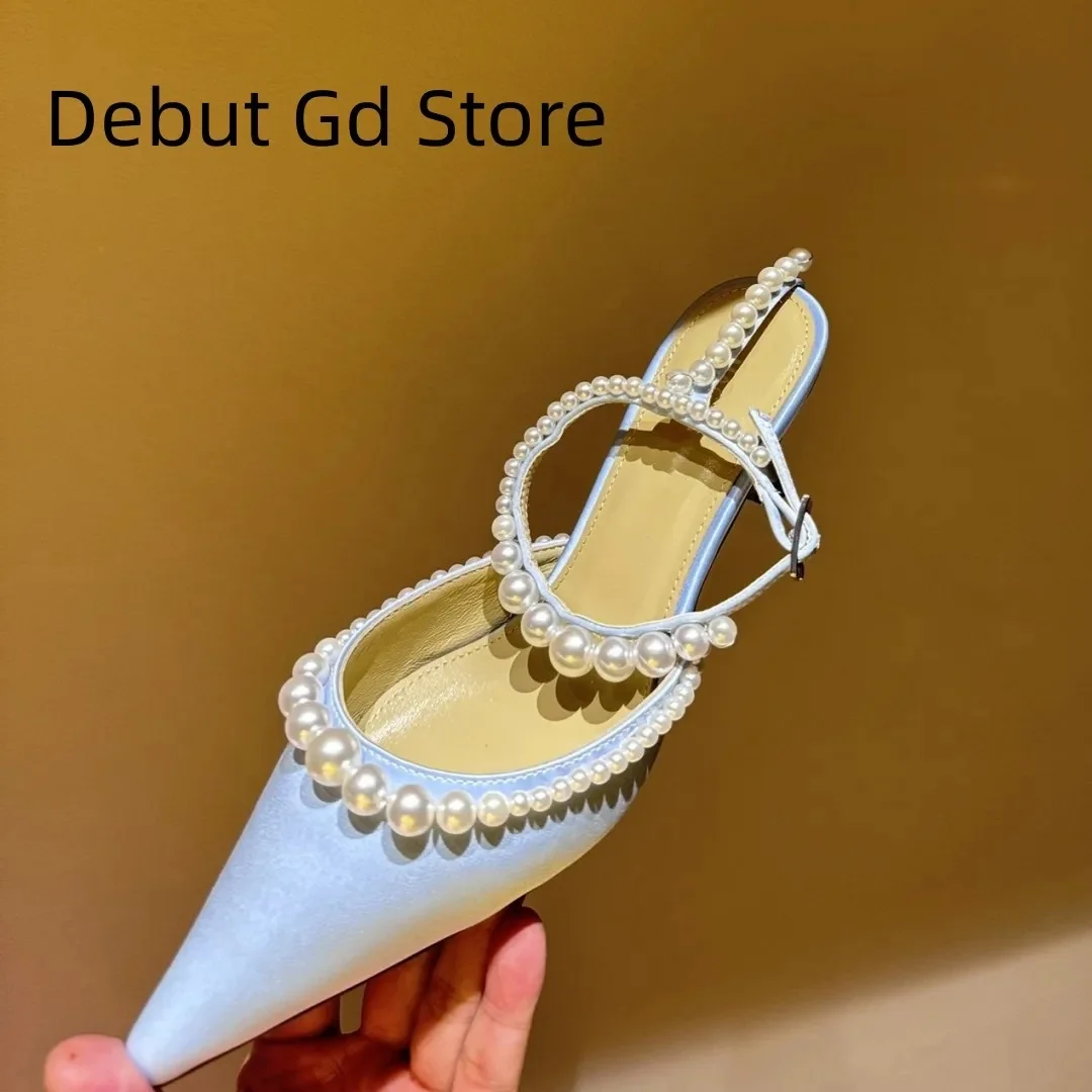 

Top quality 2024 new fashionable pearl embellishments pointed high heels, silk sexy slim heel sandals, hollow high heels