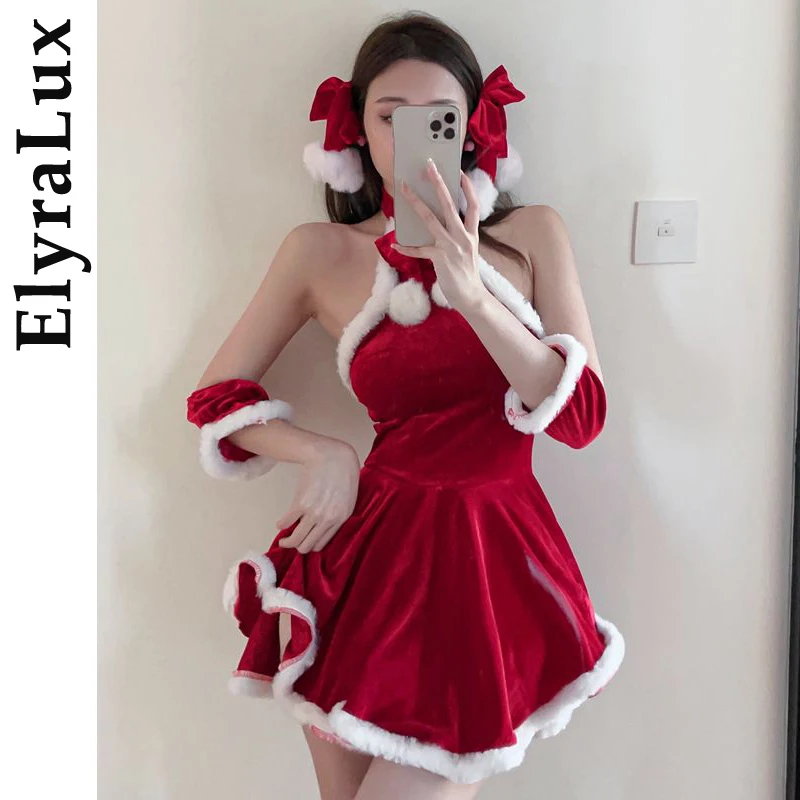 ElyraLux Kerst Rode Pittige Meisje Pluche Sex Mini Nachthemd Nachtjurk Vrouw Sexy Backless Jurk Hangende Pyjama