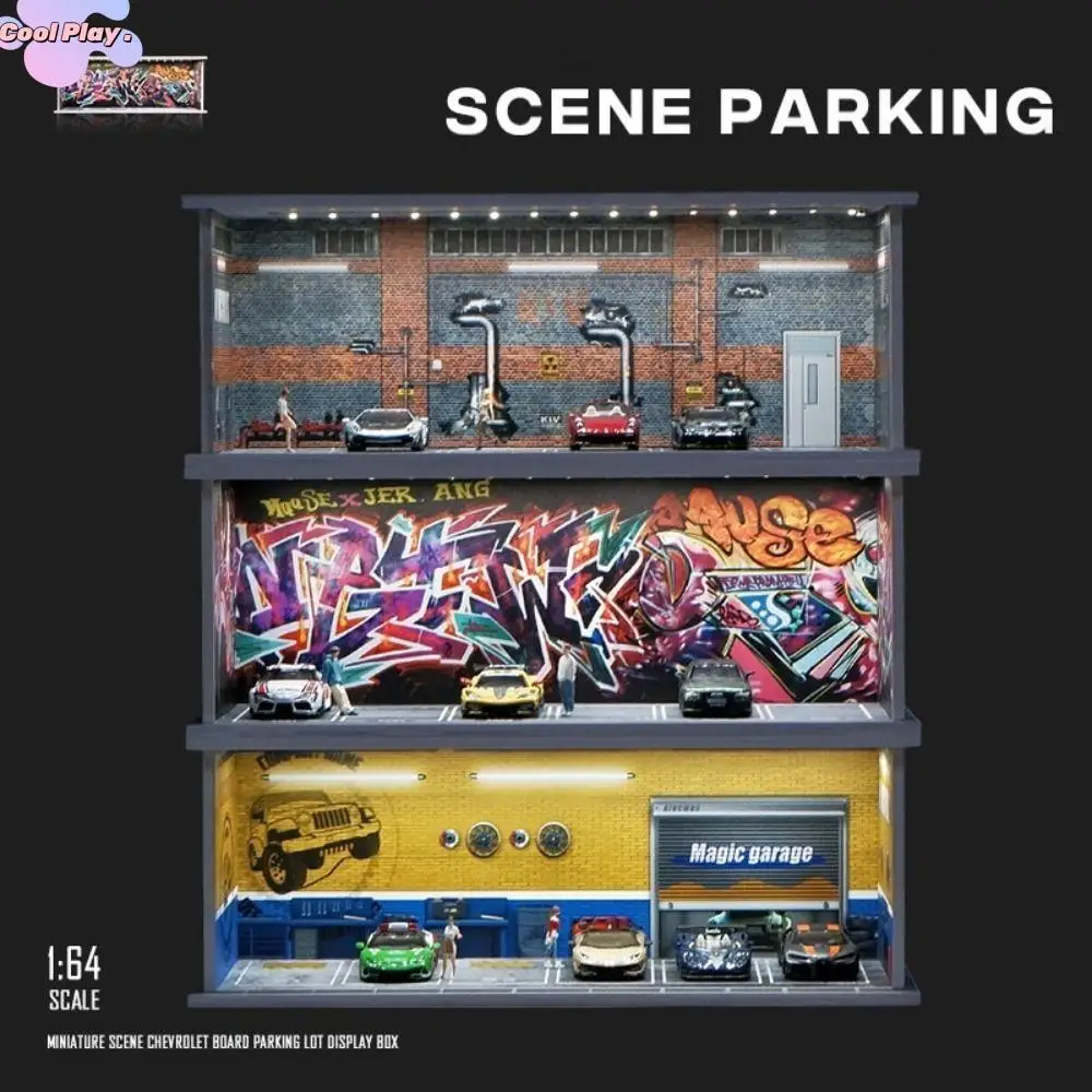 1/64 Scale Garage Scene Model With Lights Simulation Parking Lot Model Exhibition Hall Showroom Car Model Display Box Alloy Car