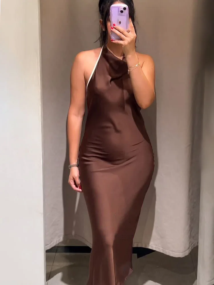 HH mujer moda Sexy espalda descubierta sin mangas vestidos largos mujeres verano elegante cuello colgante diseño de botones vestido de fiesta marrón