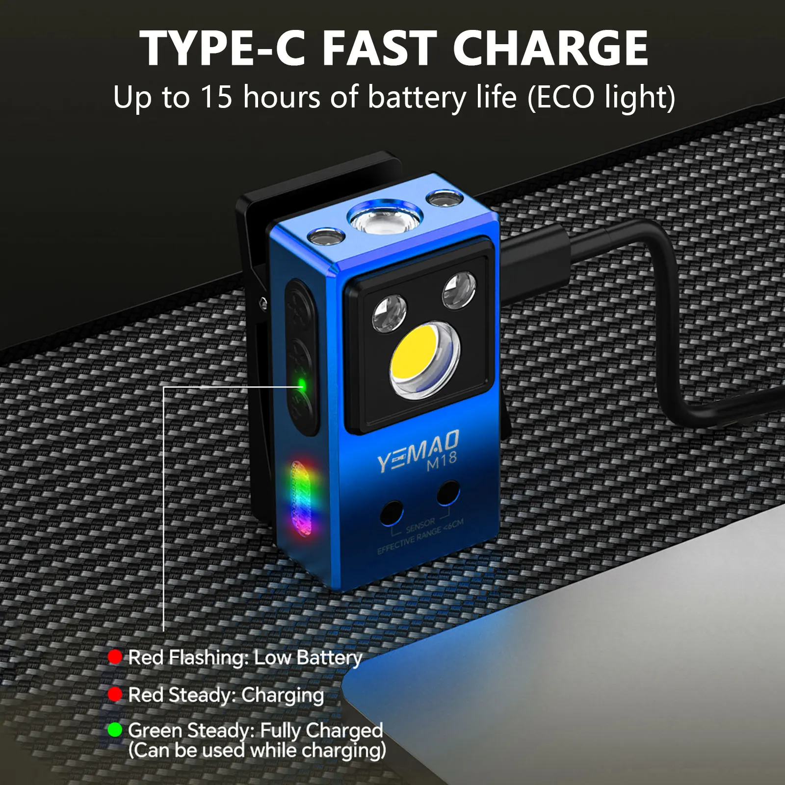 YEMAO M18blue كليب ضوء 270LM USB C قابلة للشحن جيب مصباح يدوي أضواء كاشفة صغيرة/الضوء الكاشف المحمولة EDC RGB الشعلة مع المغناطيس