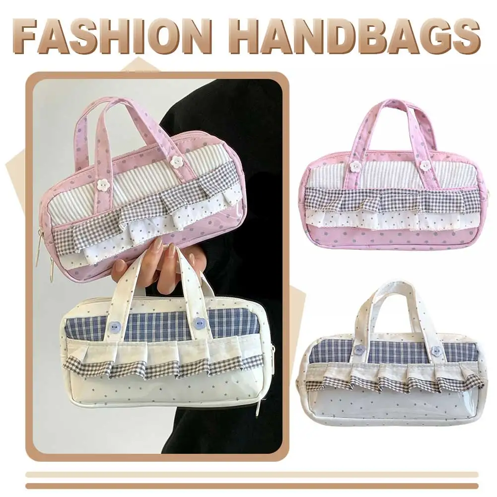 Korean Plaid Grid Star Pencil Pouch Large Capacity with Handle Multi-Purpose Cute Ruffle Stationery Organizer Bag