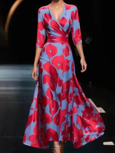 Imagen 1 del producto Vestido de mujer con estampado geométrico de manga larga y cuello en V de cintura alta, ropa de calle elegante a la moda para uso diario, vestidos de mujer