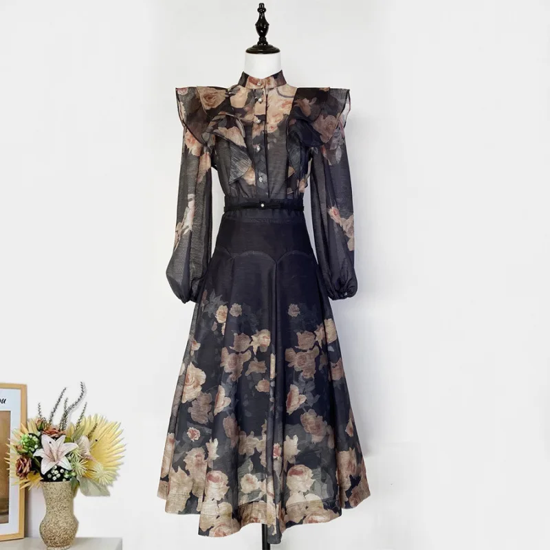 

Two-Piece Set Autumn High Quality Black Floral Print Long Sleeve Retro Ruffles Blouse Tops and Midi Skirt Women Outfit Set