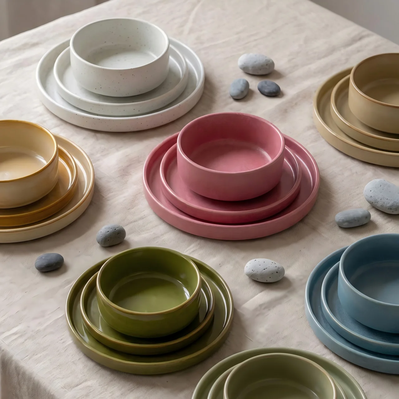 1Pc Retro Macaron Glaze Color Dinnerware Set, Bowl and Plate Stacking Design, Matte Soft Glaze Surface, Nordic Style Household Ceramic Dinner Bowls and Plates.