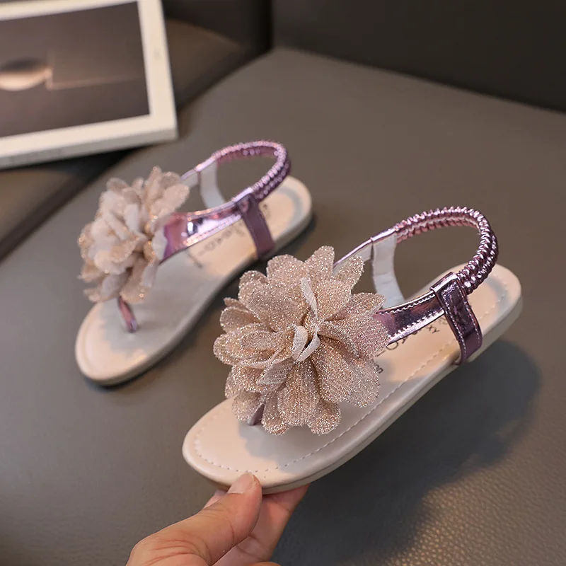 Girls Sandals 2023 Summer New Bling Flowers Baby Children Fashion Soft Bottom Student Shoes Kid\'s Slippers Pink Flats Flip Flops