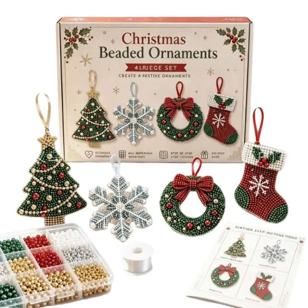 4-Piece Set Christmas Beaded Ornaments Kit Snowflake Design Wreath Design Beading DIY Kit Christmas Themed Beginner Friendly