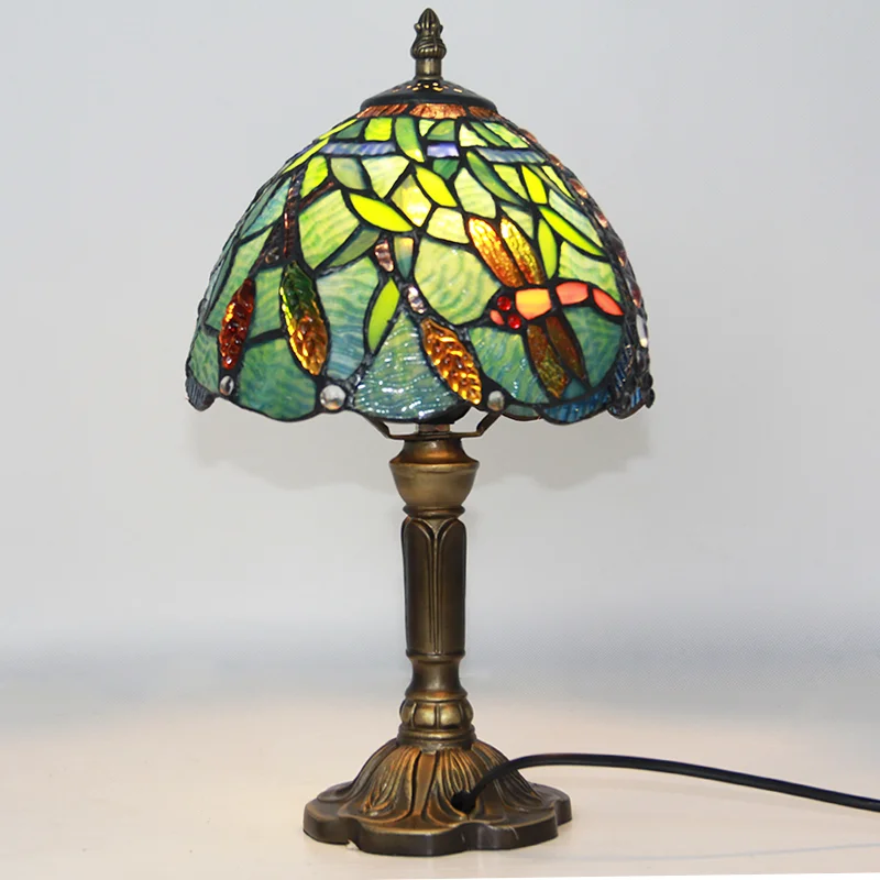 

vintage bedroom table reading lamp peacock dragonfly grape design tiffany glass shade home luxury room decor 14”Tall plug in