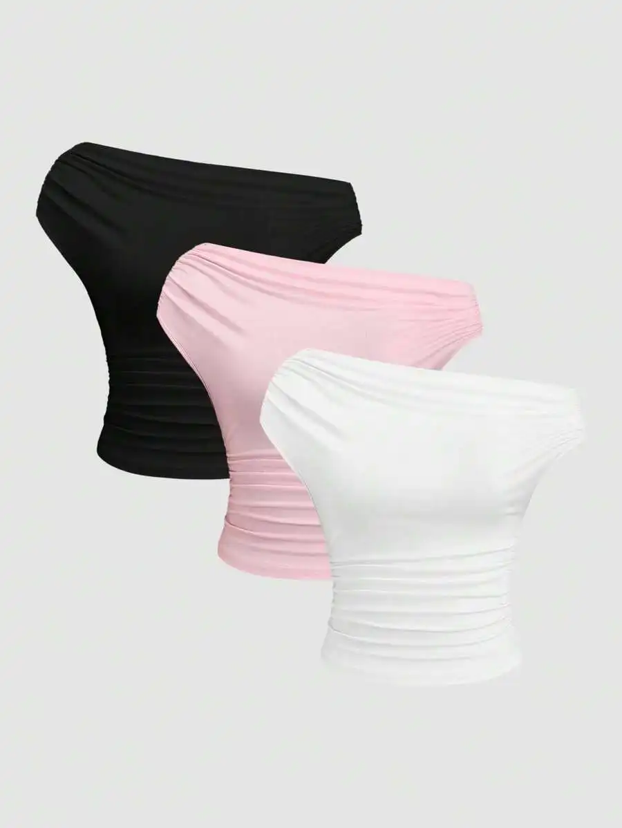 

Асимметричный укороченный топ с драпировкой на одно плечо — черный, розовый, белый