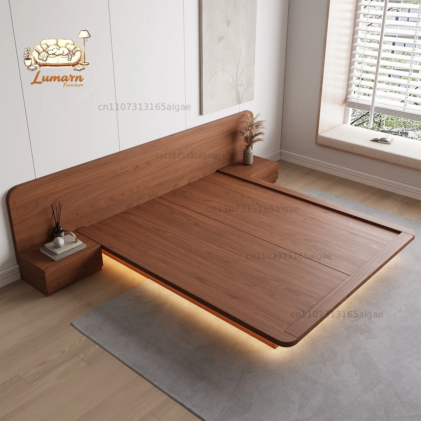 Japanese-style solid wood tatami small apartment nightstand, floating bed, walnut color, no headboard, with lighting, custom