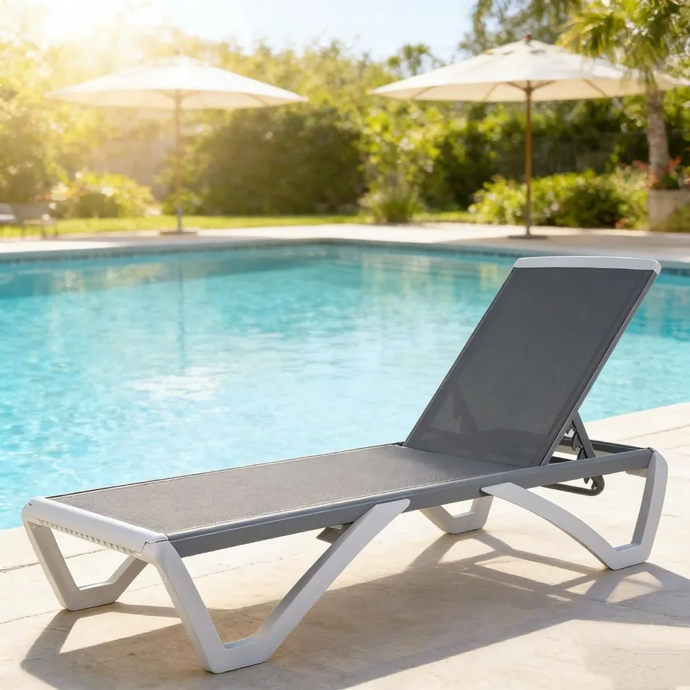 

Outdoor Chaise Lounge Chair, Full Flat Adjustable Patio Lounger with Aluminum Frame & Resin Legs, Lounge Chair