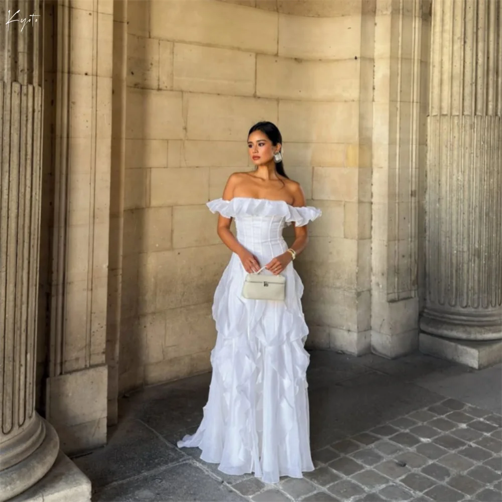 

Kyoto белое простое многоярусное свадебное платье с оборками на заказ с открытыми плечами и молнией сзади, платья de novia длиной до пола, торжественное вечернее платье