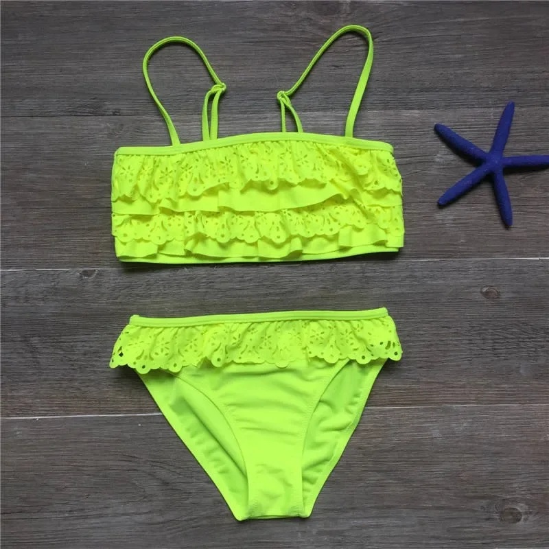 Girl Biquini Bathing Suit Teenagers Solid 2 Pieces Swimwear For Children Swimsuit Split Bikinis Set Kids Hollow Swimsuit Tankini