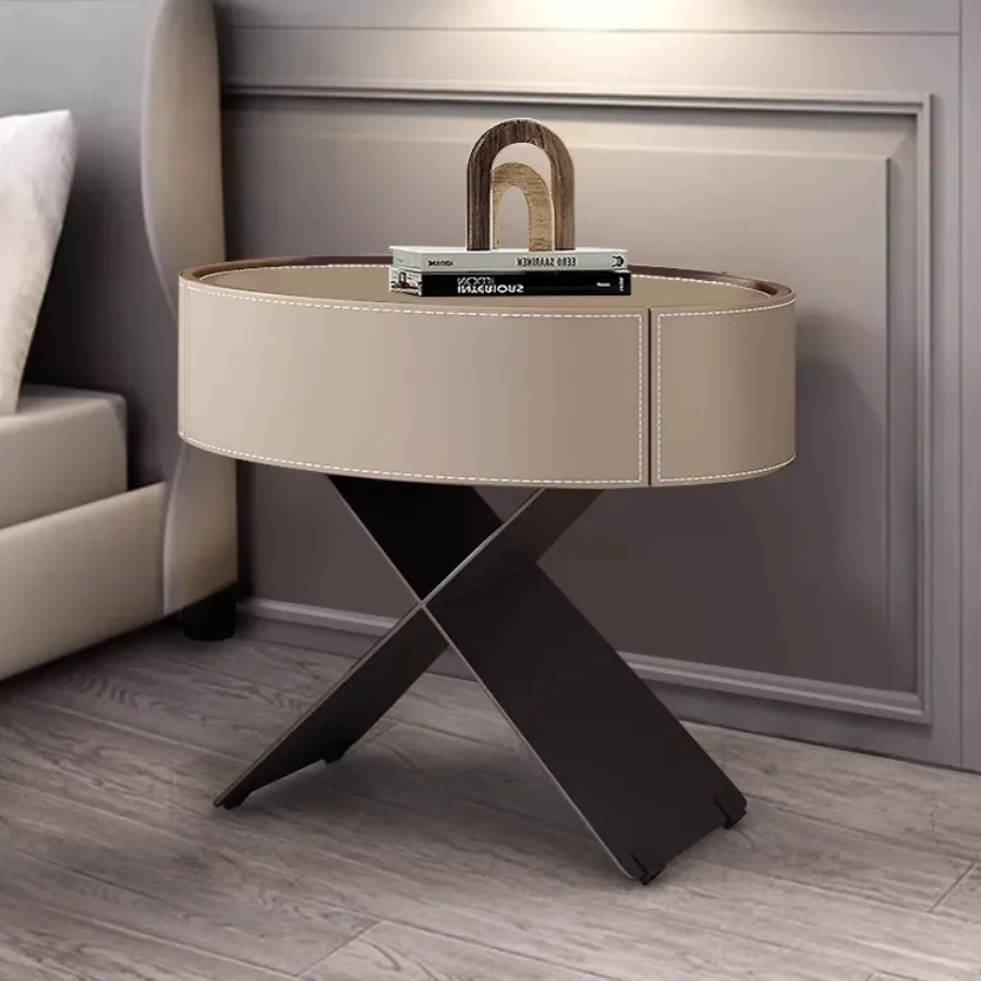 Italian minimalist saddle leather bedside table, bedroom creative oval storage bedside table khaki
