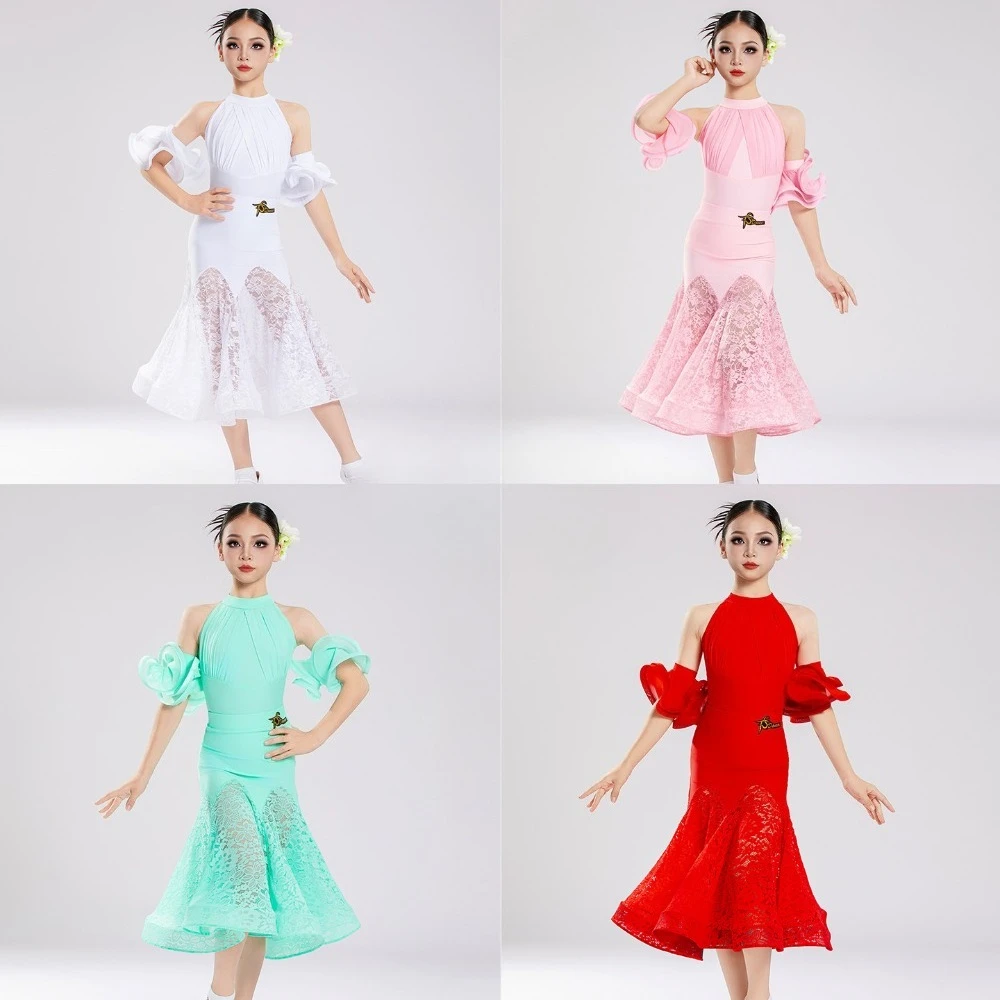 Children's Sleeveless Modern Dance Bodysuit and Lace Large Skirts with Sleeves Uniforms Performance Costumes Training Practice