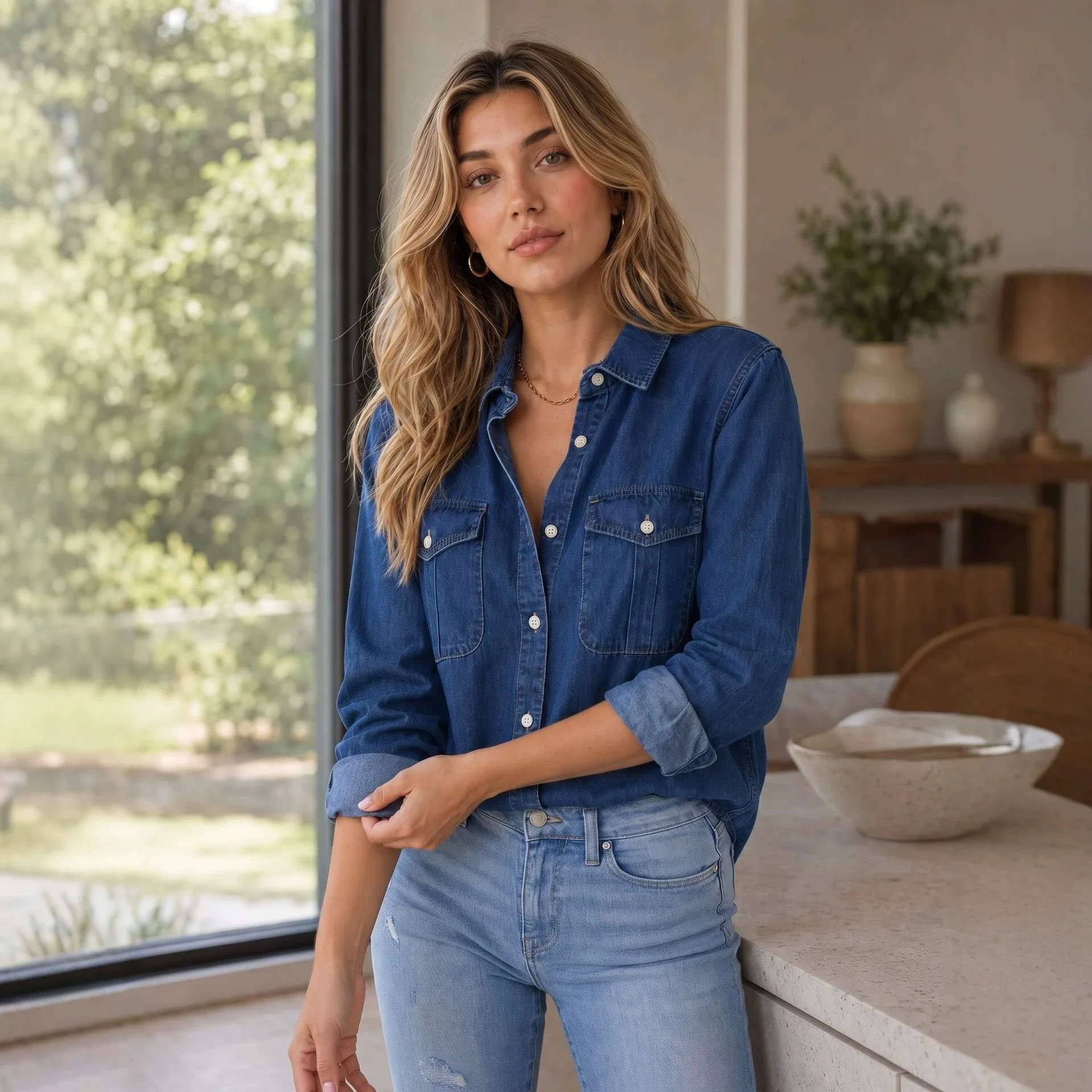 Women's Versatile Denim Shirt with Collar Bimetallic Patch Pocket Single-Breasted Design Commuting Workwear