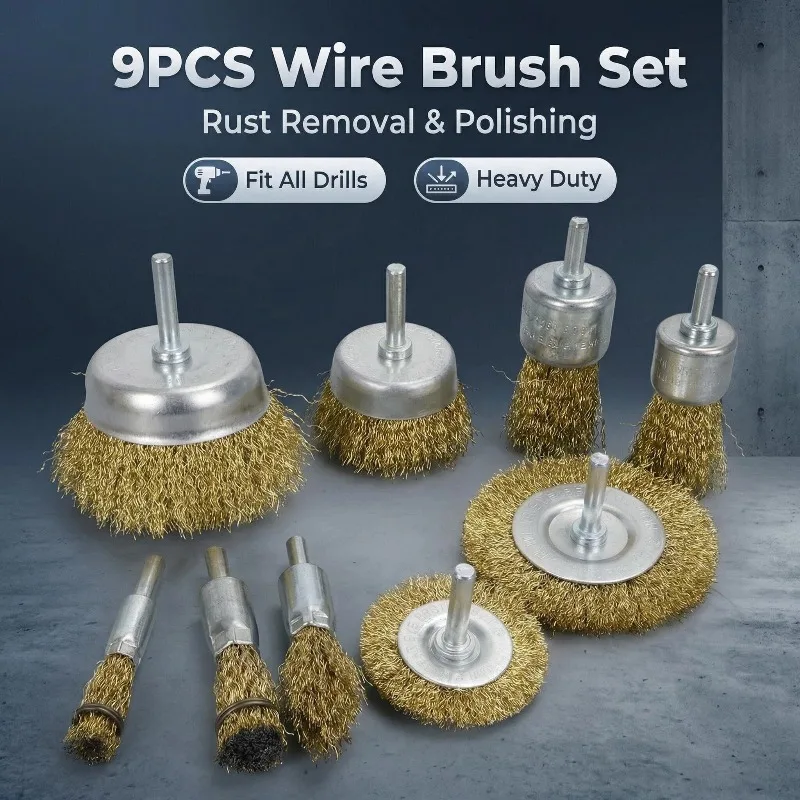 Wire Brush Wheel Cup Brush Set 9 Pack,Wire Brush for Drill 1/4 Inch Hex Shank 0.012 Inch Coarse Carbon Steel Crimped Wire Wheel