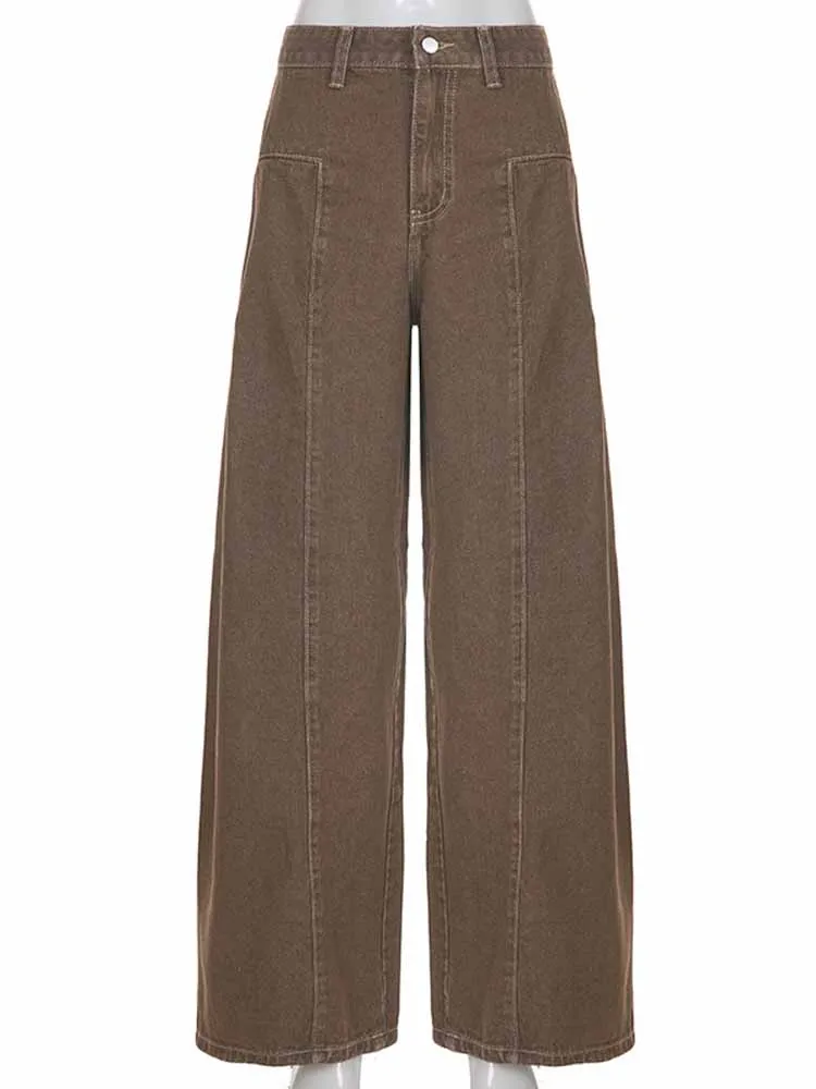 BKQU American Style Vintage Brown Jeans Women Streetwear High Waist Baggy Wide Leg Denim Pants Y2K Casual Harajuku 2000s Trouser