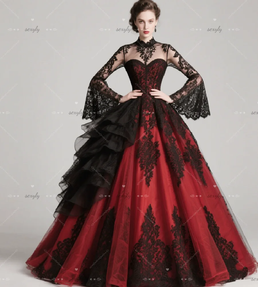 Fantasy Black And Red Gothic Wedding Dress High Neck Lace Medieval Celtic Bridal Gowns Ruffles Long Sleeve Lace Vampire Brides
