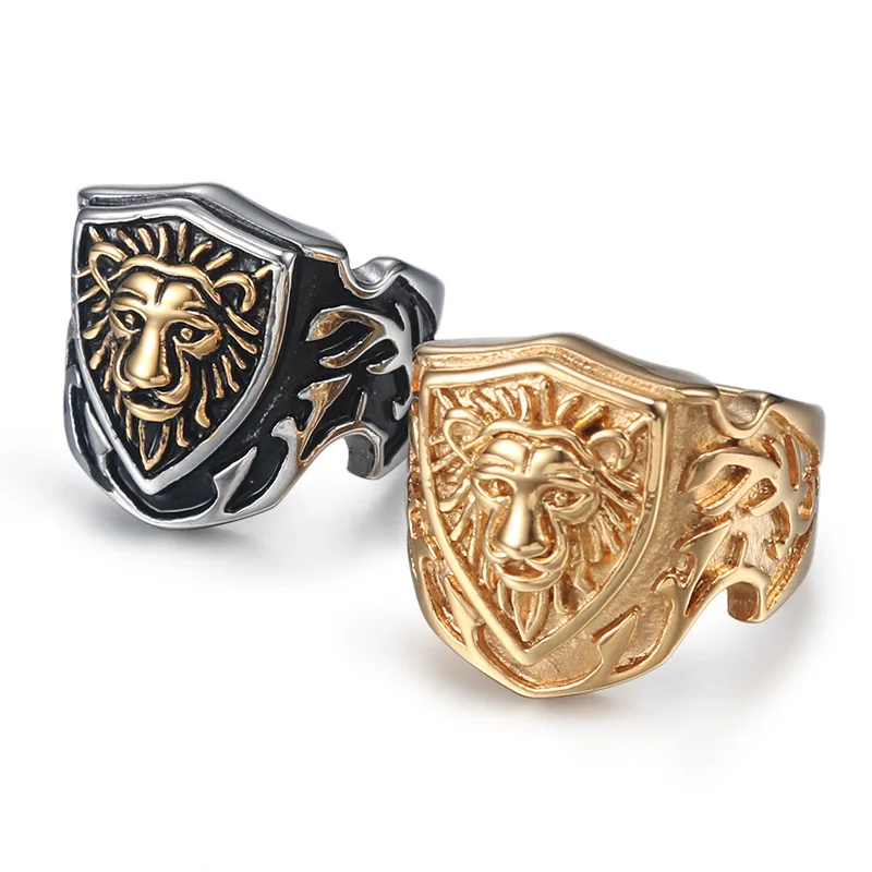 Punk Rock Stainless Steel Shield Shape Animal Lion Rings for Men Jewelry Gold Silver Color Size 8-12