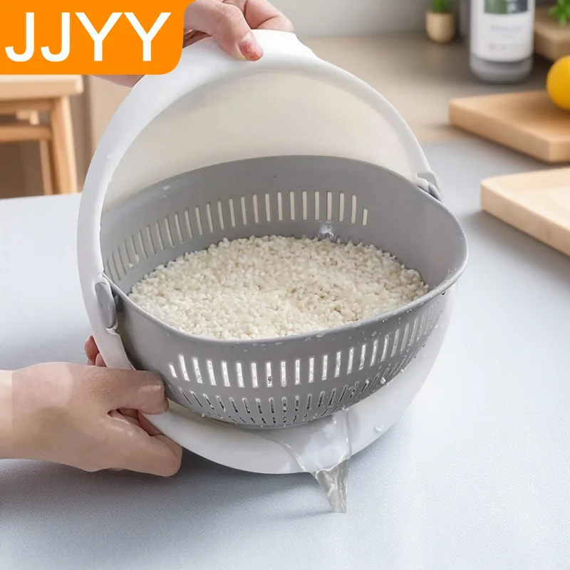 

Kitchen Double Basin Drainer Strainer with Bowl Fresh Fruit Vegetable Cleaning Basket Essential Tool