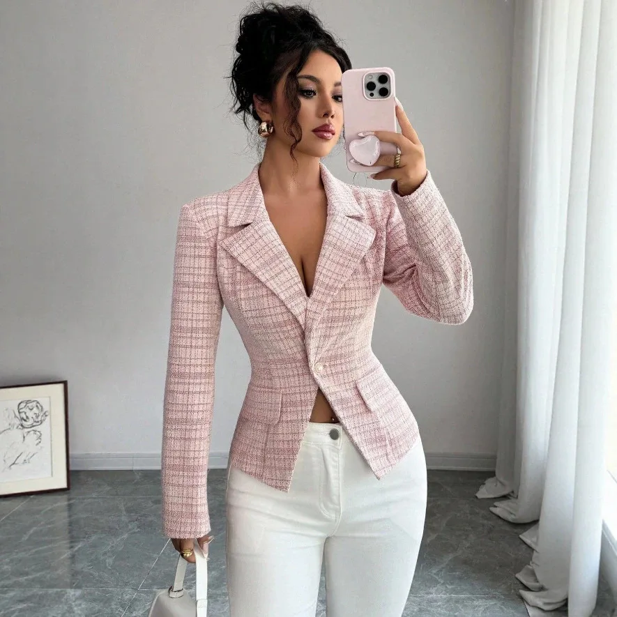 2026 Lady Cloth-style Pink Plate Single-button Waist-cinching Slim-fit Elegant Lady Cloth Top Evening Dresses Clothing Outfits L