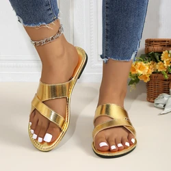 Summer Silver Flats Sandals For Women Casual Beach Sandal Female Leather Flip-flops Sexy Denim Slippers ladies Flats