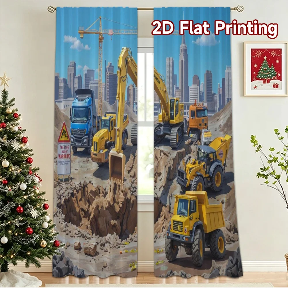 2D flat 2pcs Curtain Country Style Construction Vehicles City Scene Digitally printed polyester Family Party Decoration Use for
