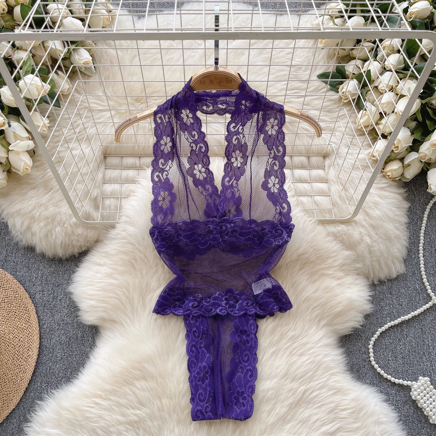 Women's Sexy Halter Lace Jumpsuit Hollowed Transparent Lingerie Backless Fashion Pajamas High Waisted Slim Fit Erotic Bodysuit