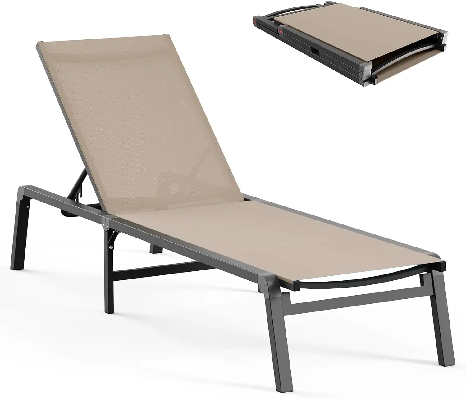 Aluminum Chaise Lounge Assemble Free Outdoor Lounge Chair with 5 Adjustable Backrest, Patio Lounge Chair