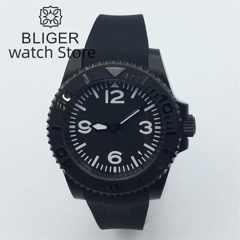 40mm BLIGER PVD Black Mechanical Automatic Men\'s Watch Black Aseptic Dial Luminous Blue AR Sapphire Glass NH35A PT5000 Movement