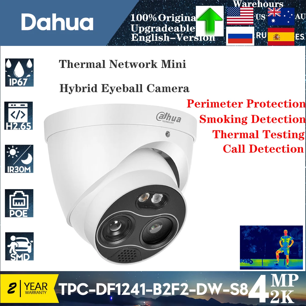 

Dahua 4mp Tpc-Df1241-B2f2-Dw-S8 Thermal Network Mini Hybrid Eyeball Camera Heat Detection Built-In White Light And Audio Alarm