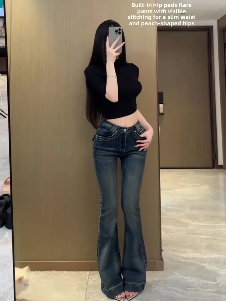 

American Retro Bell Bot Jeans Women's Low Waist Slimming Long Trousers Cotton Stretch Denim Blue Color Autumn Season