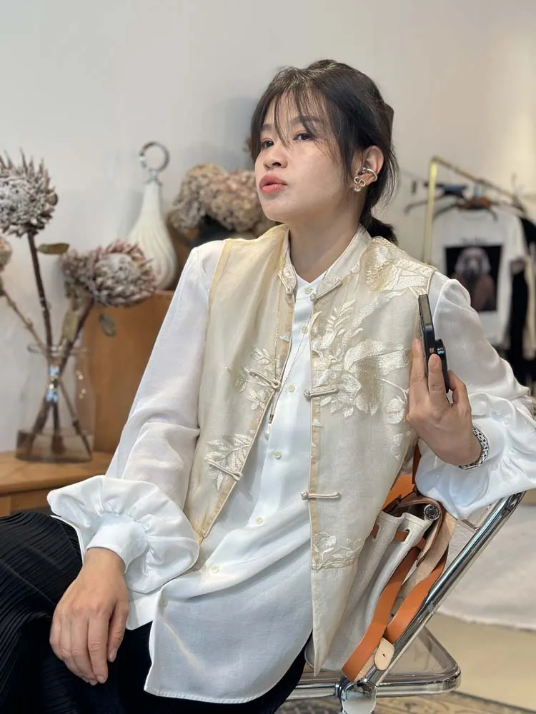 

Xianmei Luxury Silk Organza Embroidered Retro Stand Collar Button up New Chinese Sle Vest Top Outerwear Women's Faion